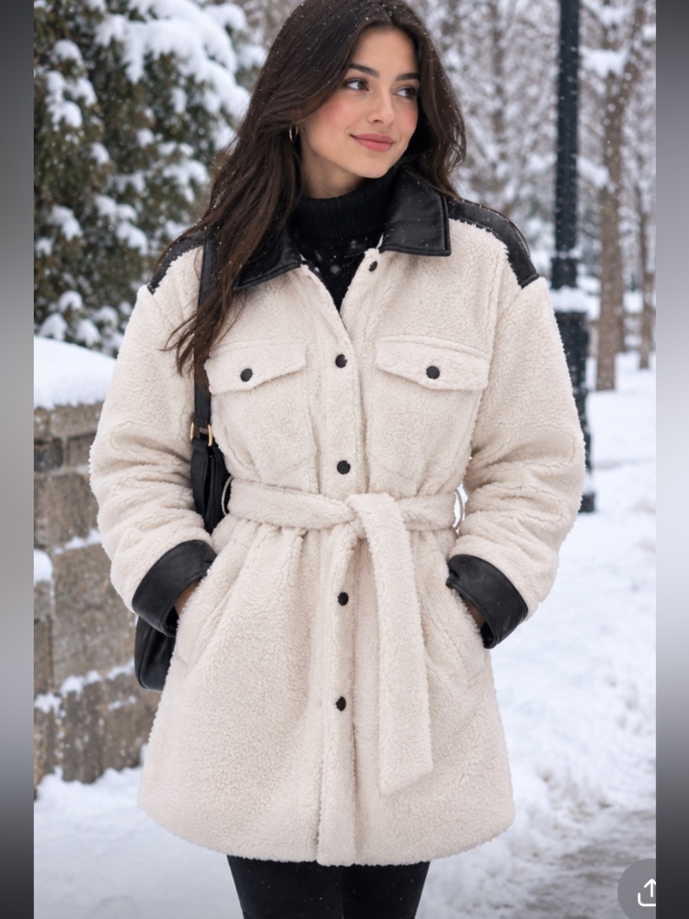 LAMARQUE Zosia Polar Fleece Cream Sherpa Belted Coat with Black Trim NWT